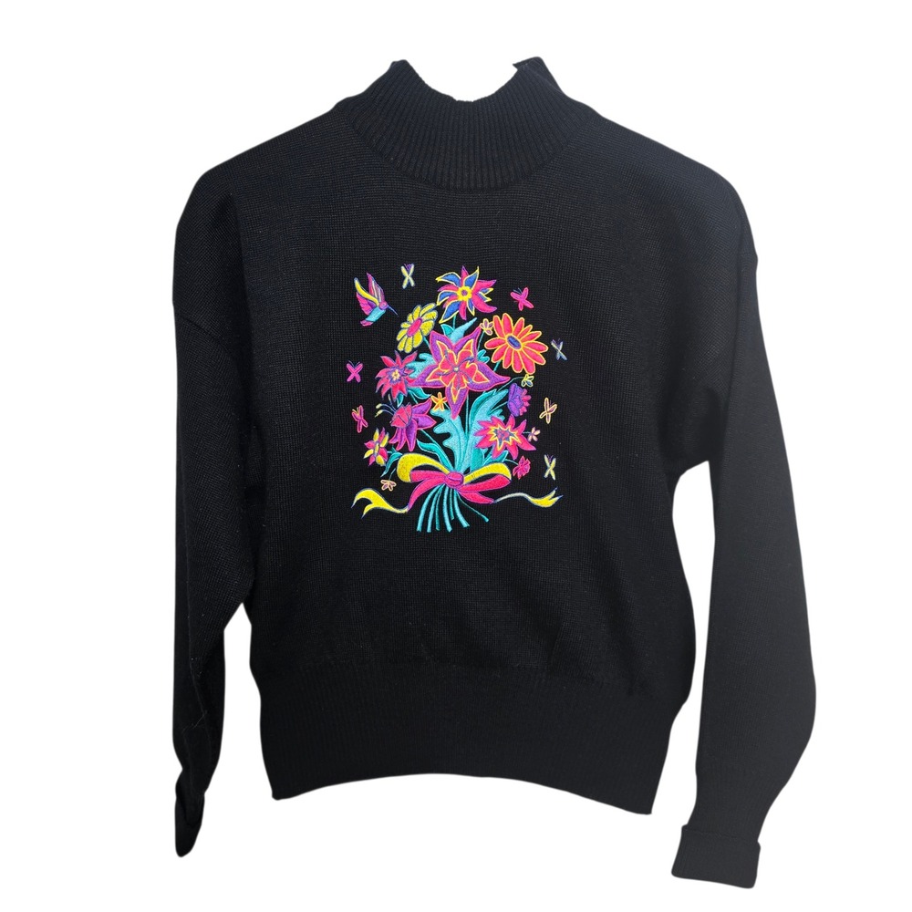 Meister Vintage Black Mock Neck Floral Embroidered Wool‎ Blend Sweater Womens M